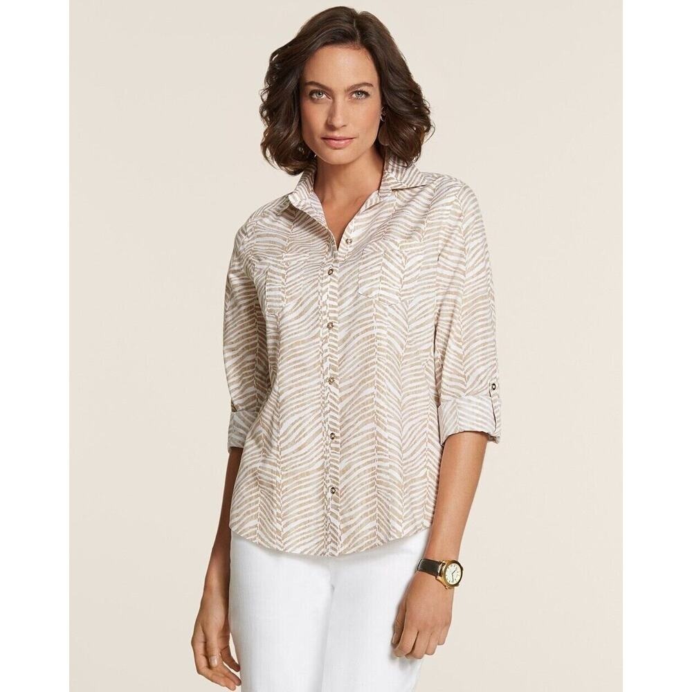 Chico's Sz 1 M 8 Button Up Shirt Effortless Cotton Tribal Zebra Amey II Women's